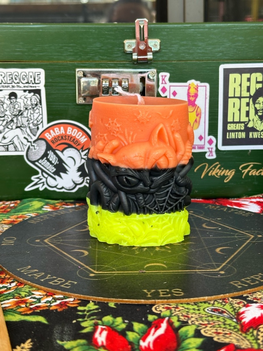 Halloween Black Cat Pillar Candle – Orange Black Yellow – Handmade Spooky Decor